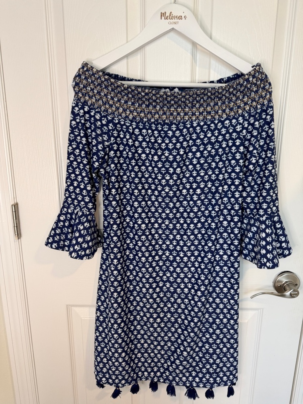 Cabana Life Navy Blue Off-Shoulder with gold accents Tassel-Trim UPF 50